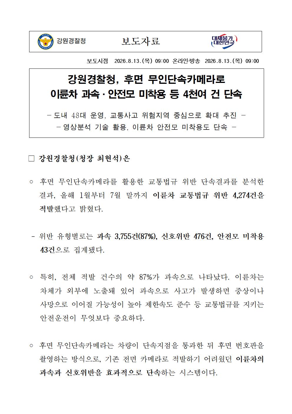 강원경찰청, 후면 무인단속카메라로 이륜차과속,안전모 미착용등 4천여건 단속-001