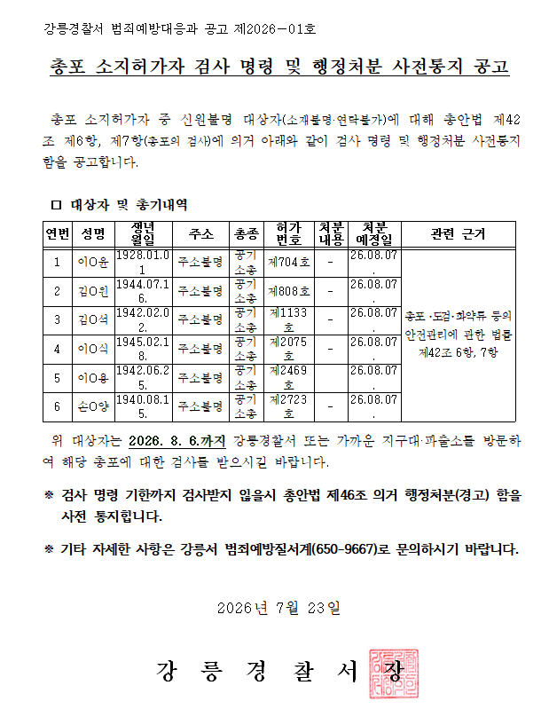 총포 소지허가자 검사 명령 및 행정처분 사전통지 공고-총포 소지허가자 검사 명령 및 행정처분 사전통지 공고