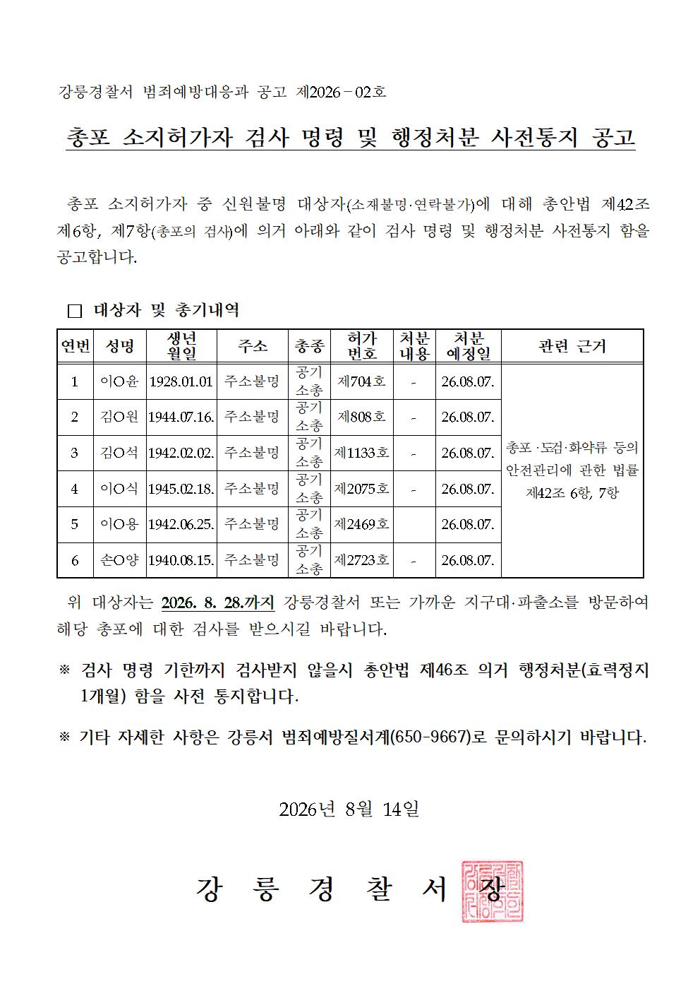 총포 소지허가자 검사 명령 및 행정처분 사전통지 공고-총포소지허가자 검사 명령 및 행정처분 사전통지 공고(2회차)001