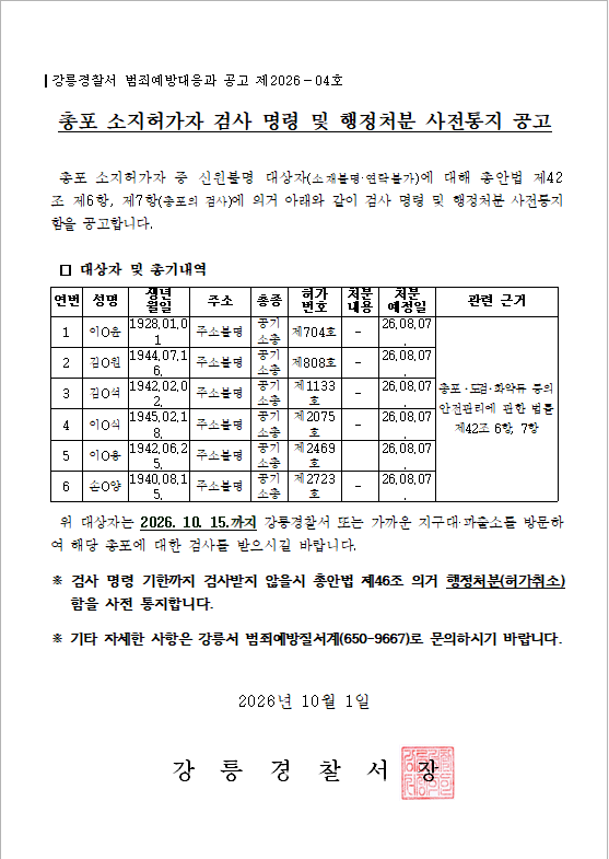 총포소지허가자 검사 명령 및 행정처분 사전통지 공고(4회차)-총포소지허가자 검사 명령 및 행정처분 사전통지 공고(4회차)001