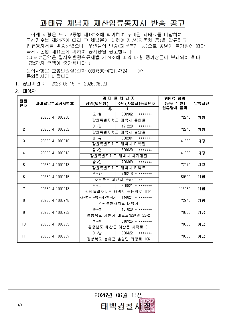 과태료 체납자 재산압류통지서 반송 공고(2026.06.15.)-과태료 체납자 재산압류통지서 반송 공고(2026.6.15.)