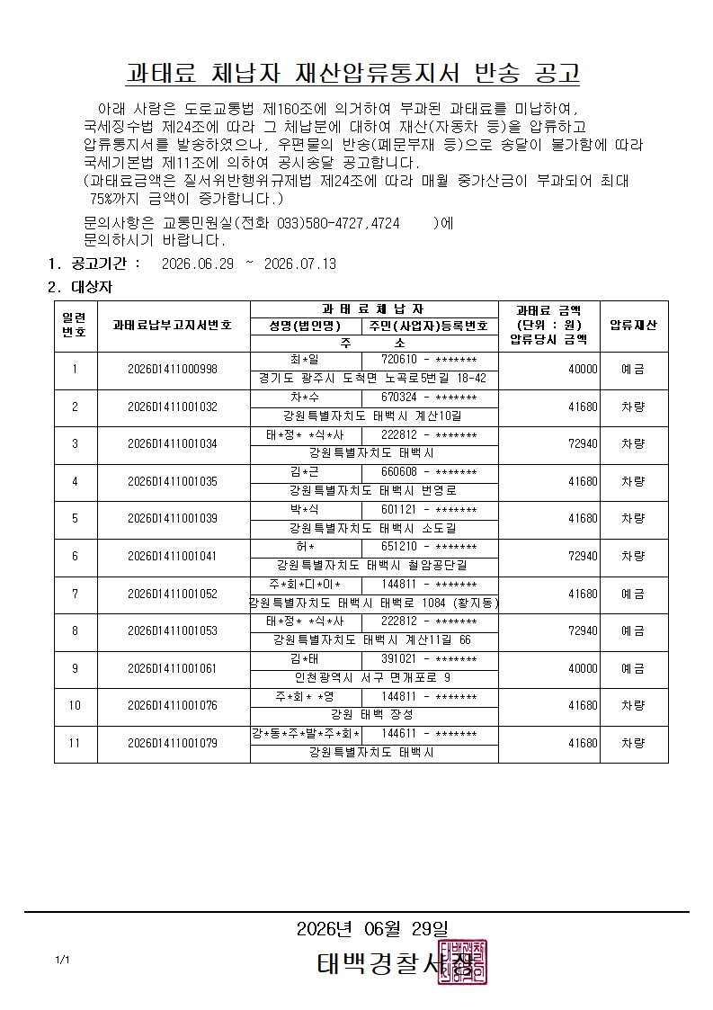 과태료 체납자 재산압류통지서 반송 공고(2026.06.29.)-과태료 체납자 재산압류통지서 반송 공고(2026.6.29.)