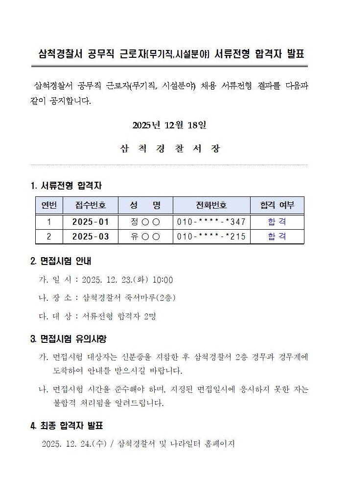 삼척경찰서 공무직 근모자(시설직) 서류전형 합격자 발표-서류전형 합격자 발표(삼척서)(홈페이지 게시용)001
