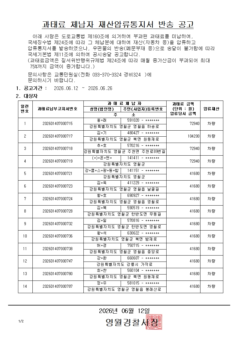 과태료 체납자 재산압류통지서 반송 공고-과태료체납자 재산압류통지서 반송 공고