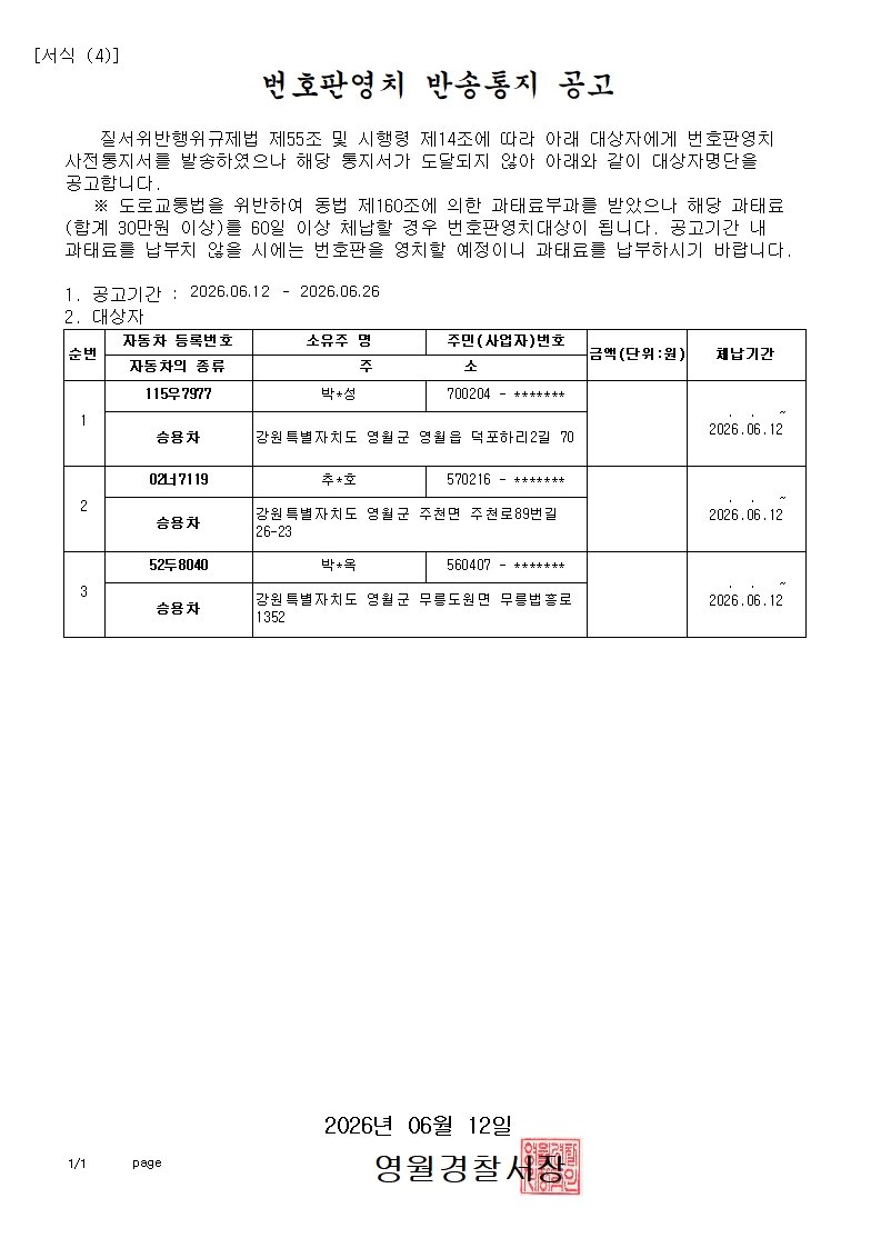 번호판영치 반송 통지 공고-번호판영치 반송통지 공고