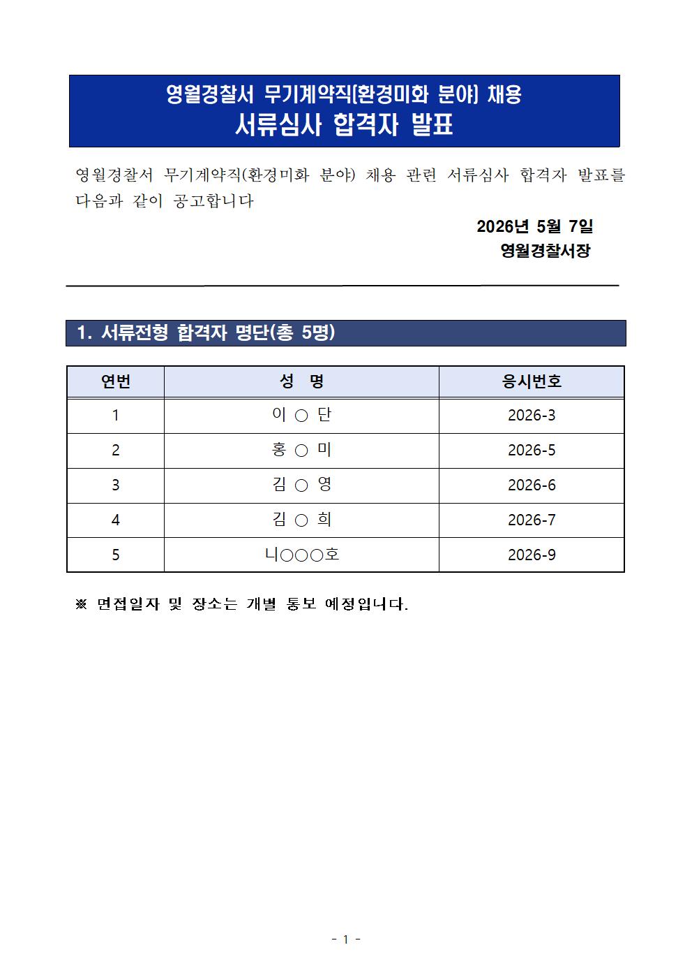 영월경찰서 환경미화분야 서류심사 합격자 공고-image001
