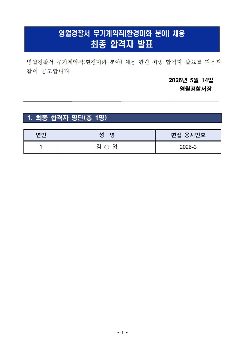 영월경찰서 공무직 근로자(환경미화 분야) 합격자 발표-image001