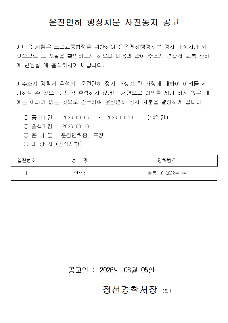 운전면허 행정처분 사전통지 공고-사전통지공고(안O숙)