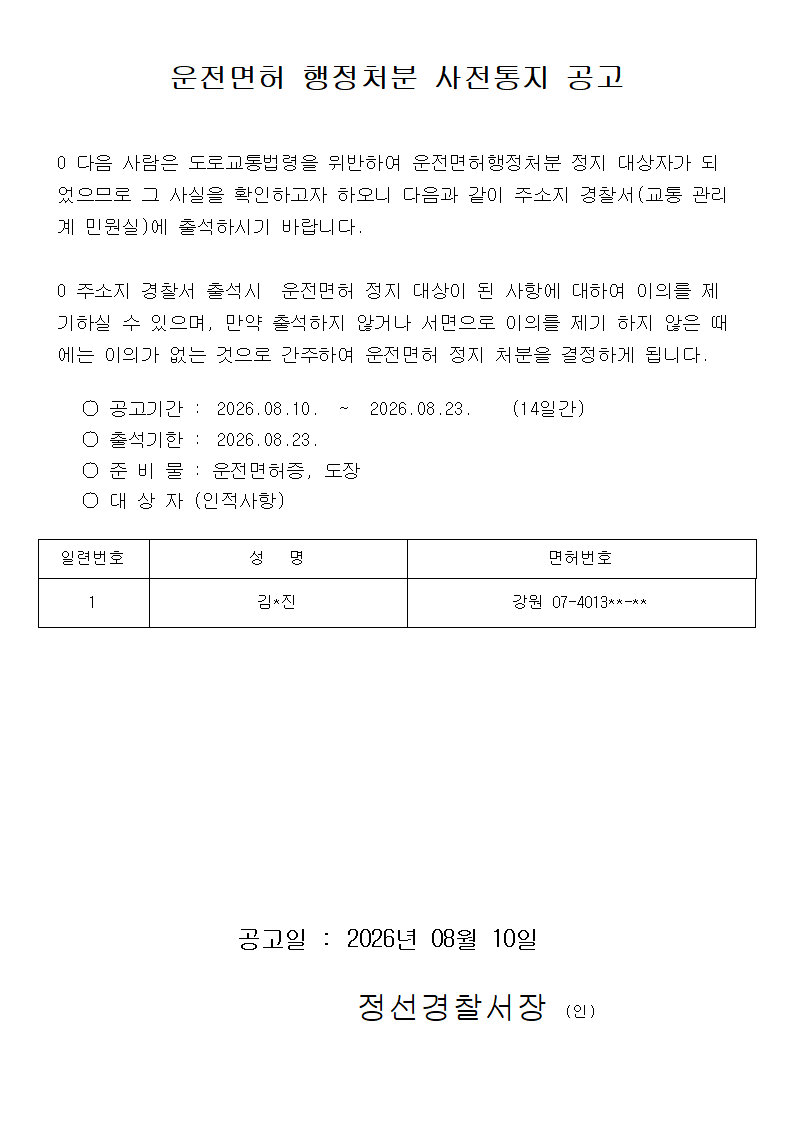 운전면허 행정처분 사전통지 공고-사전통지공고문 (김O진)