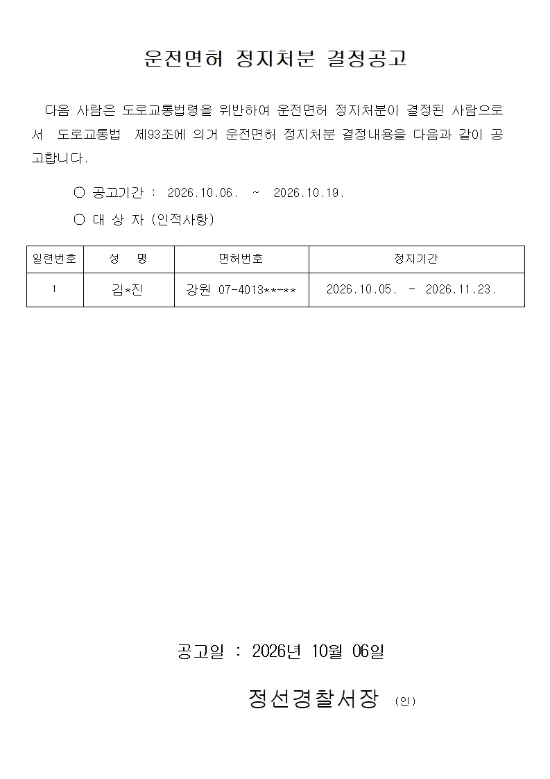 운전면허 행정처분 결정공고 -운전면허 정지처분 결정공고문(김O진)
