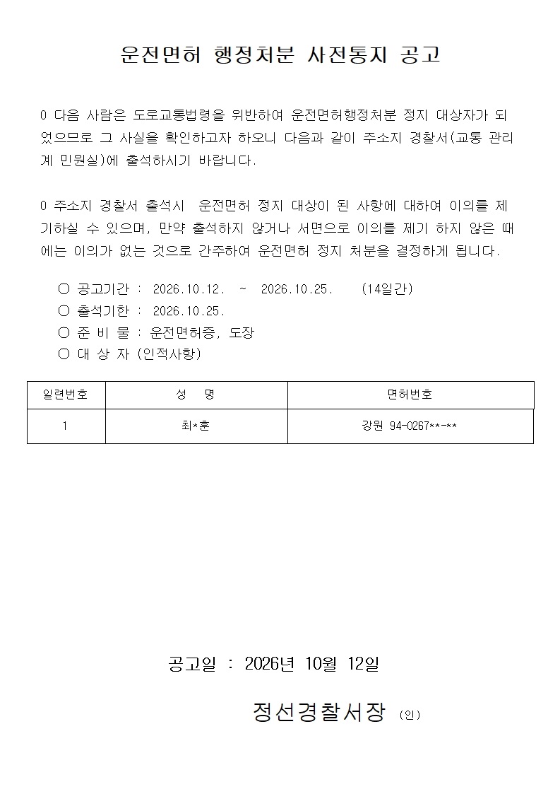 운전면허 행정처분 사전통지 공고-운전면허 정지처분 사전통지공고문(최O훈)