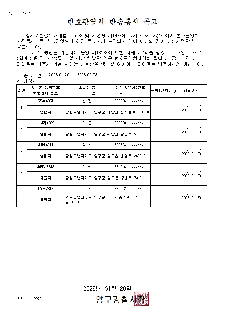 번호판영치 반송통지 공고-번호판영치 반송통지 공고