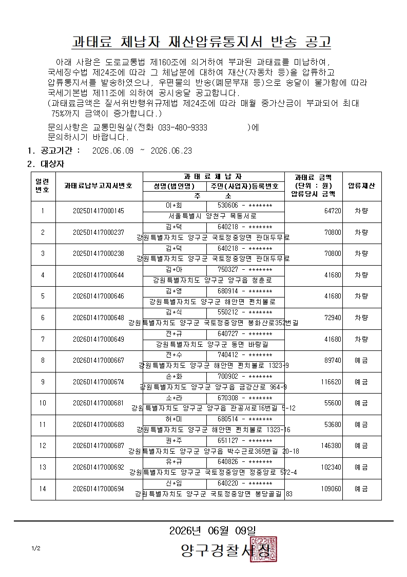 과태료 체납자 재산압류통지서 반송 공고-과태료 체납자 재산압류통지서 반송 공고1