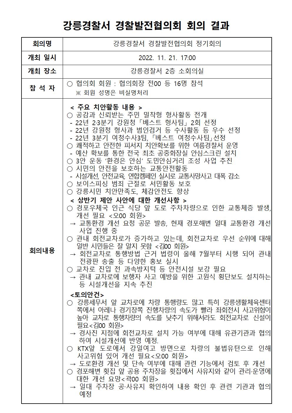 2022년 하반기 경찰발전협의회 정기회의 결과-강릉경찰서 경찰발전협의회 회의 결과001