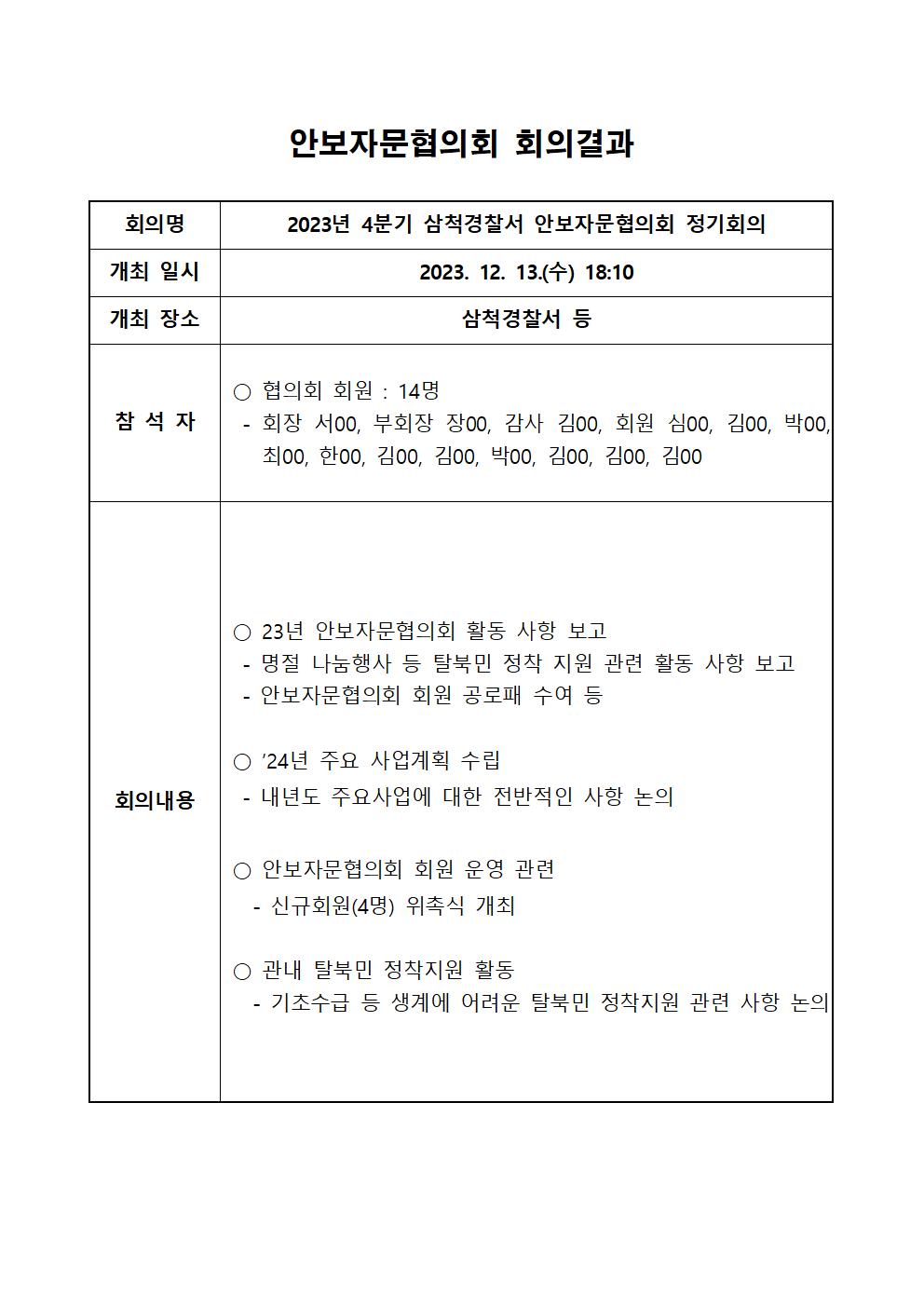2023년 4분기 삼척경찰서 안보자문협의회 정기회의 회의록-안보자문협의회 정기회의 결과(23년4분기)001