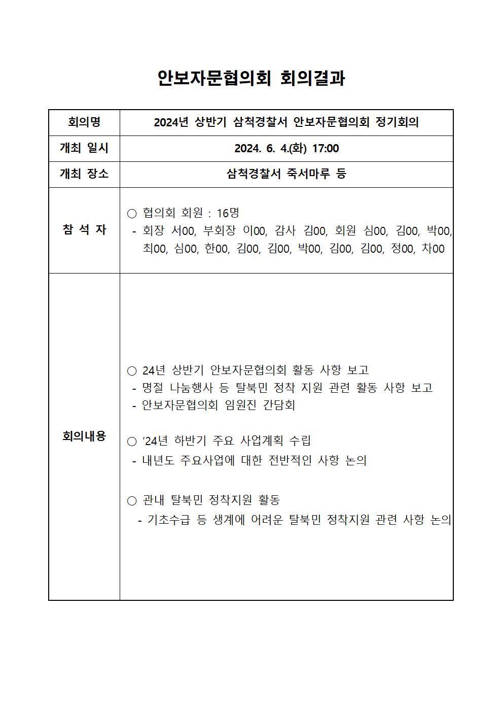 2024년 삼척경찰서 안보자문협의회 정기회의 회의록-안보자문협의회 정기회의 결과(24년상반기)001