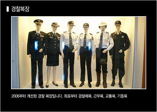 홍보관 내부 사진(경찰복장): 2006년부터 개선된 경찰복장입니다. 좌로부터 경찰예복, 근무복, 교통복, 기동복
