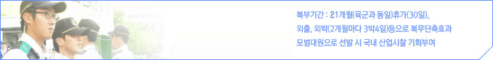 복무기간 21개월(육군과 동일), 휴가 30일 / 외출, 외박 2개월마다 3박4일 등으로 복무단축효과 / 모범대원으로 선발시 국내 산업시찰 기회부여